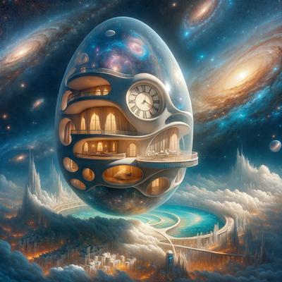The primary subject of the image is a large, intricately designed egg that appears to be a part of a futuristic city. The egg is situated in the middle of a cityscape, surrounded by various buildings and structures. The setting is a futuristic city with a mix of architectural styles, including a clock tower. The visual style of the image is digital art, with a vibrant and colorful atmosphere. The dominant colors include shades of blue, purple, and pink, creating a sense of wonder